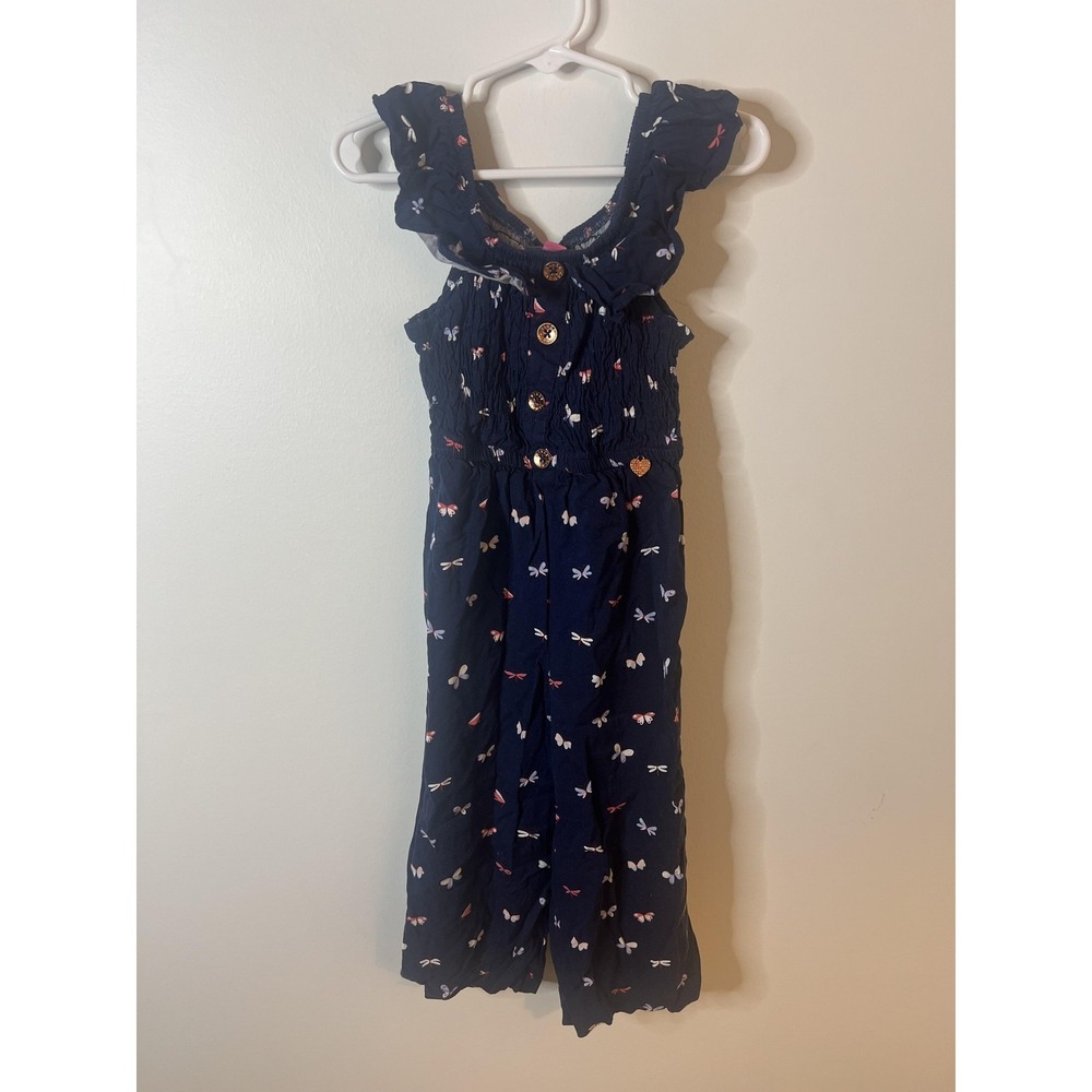 Vince Camuto Jumpsuit Girls 5 Navy Blue Ruffle Strap Smocked Butterfly Print